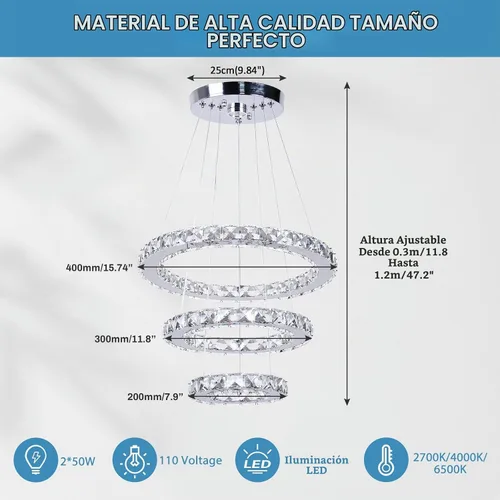Vista 6 de Candelabro LED de cristal con iluminación regulable LED moderna lámpara de techo de 3 anillos ajustable de acero inoxidable para dormitorios y sala