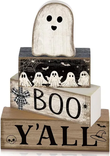 Vista 47 de Lineshading 4 piezas de decoración de mesa de Halloween espeluznante café apilado, decoración de bloques apilados de madera, letreros con tapa