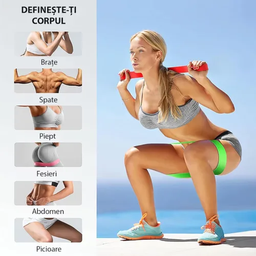 Vista 4 de Bandas de resistencia, juego de 5 bandas de ejercicio con diferentes niveles de fuerza, bandas elásticas de resistencia para ejercicio, pilates