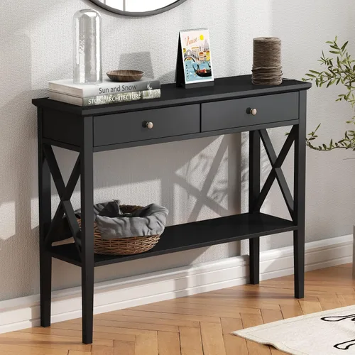 Vista 15 de ChooChoo - Mesa de entrada de granja de 39 pulgadas con cajones y estante de almacenamiento 11.8"D x 39.4"W x 31.5"H, Console Table, Sofa Table