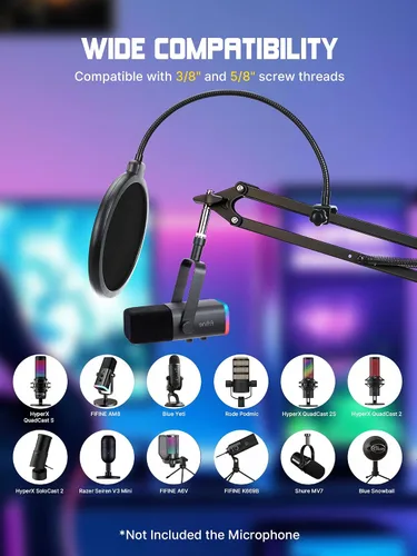 Vista 2 de Brazo de brazo de micrófono resistente para Rode Podmic, soporte de micrófono profesional con adaptador de 3/8 a 5/8 pulgadas para Shure SM7B, Blue