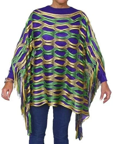 Vista 2 de Mardi Gras Poncho recortado, Morado, verde, dorado.