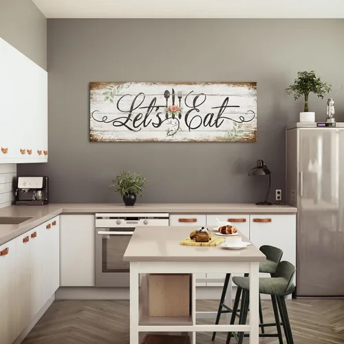 Vista 3 de KREATIVE ARTS Arte de Pared en Lienzo para Cocina "Let's Eat" Impresión de Citas Inspiradoras Vintage Pintura Cuadro Impresiones Giclée