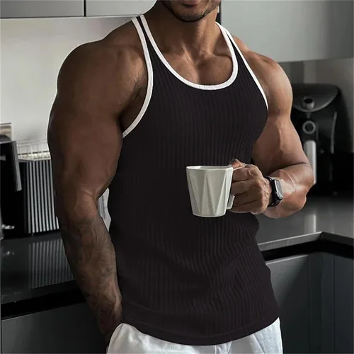Vista 2 de Camisetas sin mangas para hombre, ajustadas, acanaladas, sin mangas, para gimnasio, entrenamiento, fisicoculturismo, camiseta sin mangas