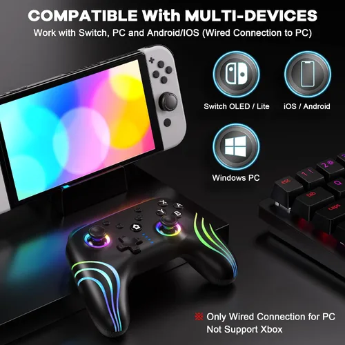 Vista 2 de SWANPOW Switch Controllers Compatible with SwitchLiteOLED, Wireless Switch Pro Controller with Full RGB Line Breathing LED, Programmable, 6-Axis