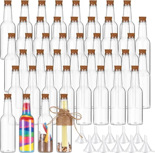 Vista 8 de Tanlade 20 botellas de plástico de arena de 5.6 onzas con tapones de corcho, recipientes de botella de mensajes de deseos, botellas transparentes