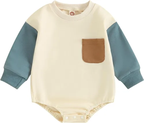 Vista 55 de Mameluco de manga larga con bloques de color para bebé, niño, niña, con bolsillo, cuello redondo, sudadera básica para otoño e invierno
