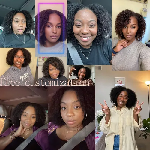 Vista 4 de Peluca de cabello humano rizado rizado con parte en V para mujeres negras, en forma de V, sin dejar fuera, sin pegamento, 14 pulgadas