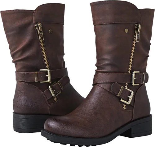 Vista 2 de GLOBALWIN Botas de motociclista de moda de otoño para mujer, botas de media pantorrilla para mujer, tacón bajo