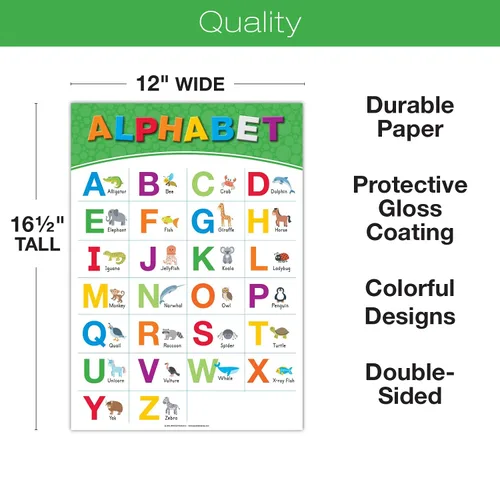 Vista 3 de 20 Carteles Educativos Grandes para Niños Pequeños (16.5x12 pulgadas Doble Cara Inglés/Español) Alfabeto Colores Letras Números Formas Meses Días