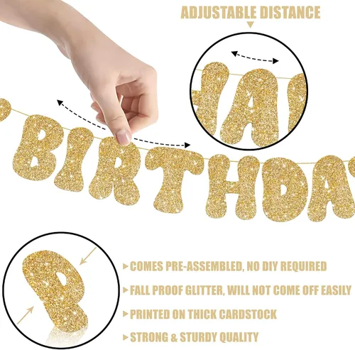 Vista 3 de KatchOn, Cartel de feliz cumpleaños dorado con purpurina – Pre-encordado, 10 pies Cartel dorado de feliz cumpleaños para niñas y niños Cartel