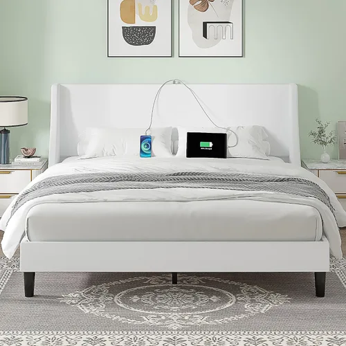 Vista 8 de VECELO Base de cama Queen con cabecera tapizada con respaldo alado, base de cama de plataforma resistente con estación de carga y bolsillos Beige