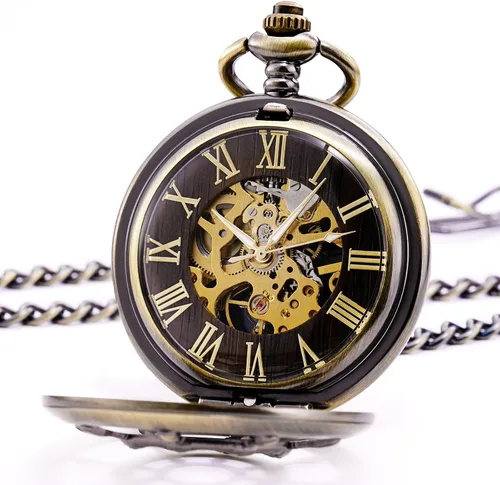 Vista 2 de TREEWETO Reloj de bolsillo con doble cubierta de bronce con números romanos para hombre y mujer