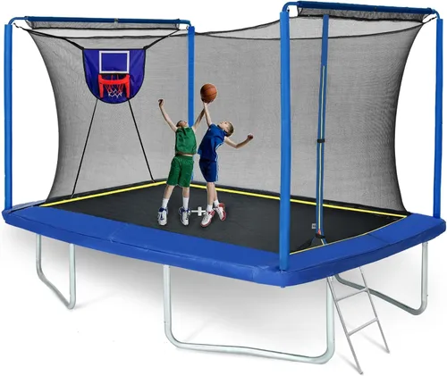 Vista 9 de Tranpolina rectangular para exteriores con aro de baloncesto, 8 x 12 pies, tranpolinas recreativas de 10 x 17 pies con red de recinto, escalera