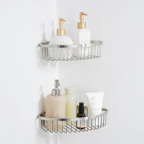 Vista 3 de Cesta de esquina para ducha, estante de ducha de baño de acero inoxidable, organizador para almacenamiento de ducha, estante de esquina de pared