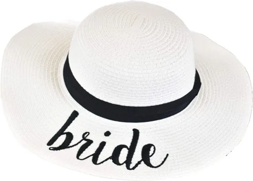 Vista 3 de C.C - Sombrero de playa para mujer de tela de papel con frase bordada, de ala ondulada que se dobla y es flexible