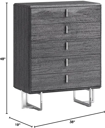 Vista 3 de Whiteline Modern Living Chloe 5 - Cajonera gris brillante con detalles de acero inoxidable pulido
