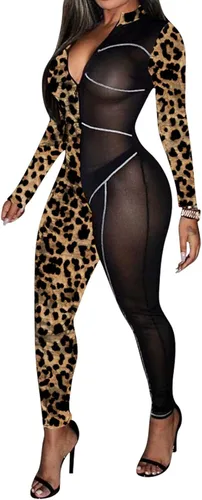 Vista 7 de Uni Clau - Mono para mujer, entallado, translúcido, de una pieza, con cuello en V profundo, de malla enteriza estampada de leopardo, para discotecas