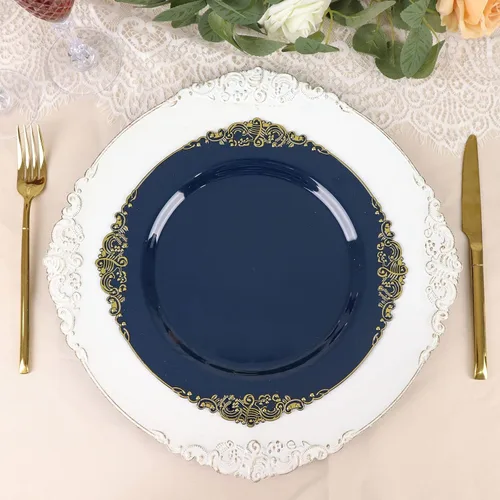 Vista 23 de Paquete de 10 platos redondos de plástico barroco dorado de 8 pulgadas para ensalada de postre, vajilla desechable con borde dorado en relieve