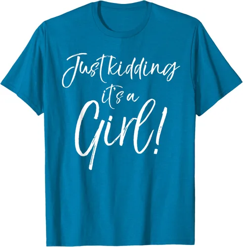 Vista 6 de Camiseta divertida de revelación de género Blue Trick Just Kidding It's a Girl!, Azul / Patchwork, S Azul Pastel