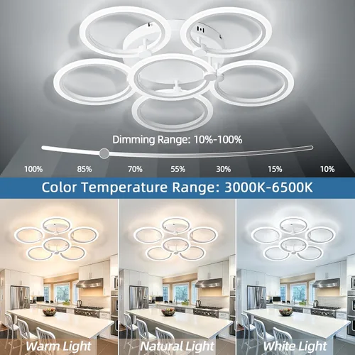 Vista 2 de Lámpara de techo LED, lámpara de techo moderna de 6 anillos, 77 W regulable 3000K a 6500K, luz de techo blanca con control remoto para sala