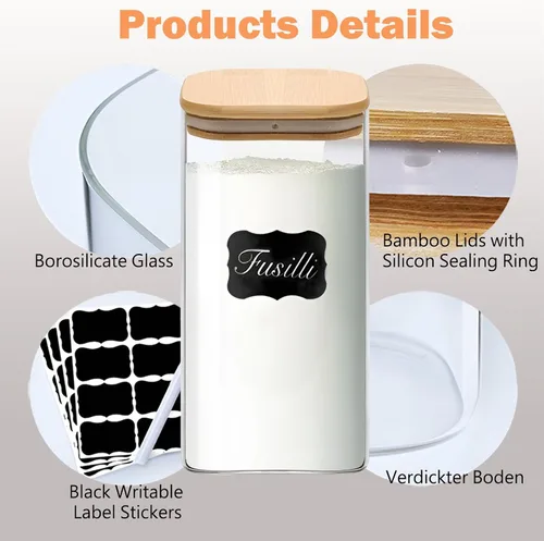 Vista 5 de Envases de almacenamiento de vidrio con tapas, tarro de almacenamiento de alimentos transparente con tapa de bambú sellada para fideos, harina