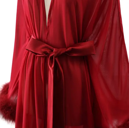 Vista 5 de Molisa Bata de plumas sexy de gasa transparente de lencería larga para boda, bufanda de ilusión, bata de baño, bata de novia
