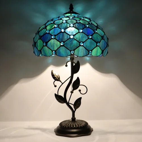 Vista 5 de Tiffany Table Lamp, Stained Glass Desk Light, W12H19 Inch, Metal Leaf Base (Sea Blue Pearl Style)