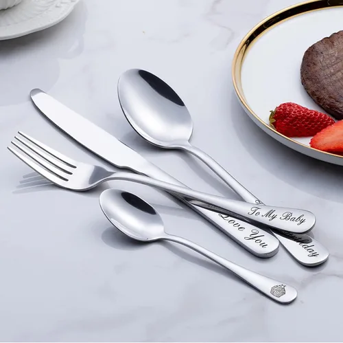 Vista 6 de Cubiertos grabados personalizados, juego de vajilla personalizado con caja de regalo, nombre de letras personalizadas, tenedor, cuchillo, cuchara