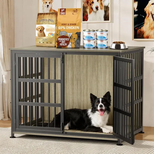 Vista 13 de Jaula para perros de 26 pulgadas, jaulas para perros de razas grandes, jaulas para perros interiores de madera, mesa auxiliar, jaula combinada