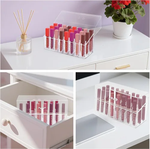 Vista 6 de Soporte acrílico para brillo de labios y organizador de perfumes Rollerball para soporte compacto de perfume de aceite esencial, cepillo