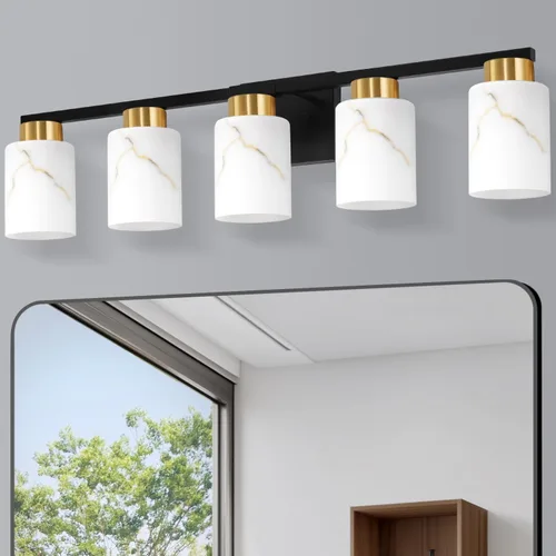 Vista 29 de Juego de 2 apliques de pared dorados con pantalla de vidrio de mármol, accesorios modernos de tocador de baño para dormitorio, pasillo, entrada