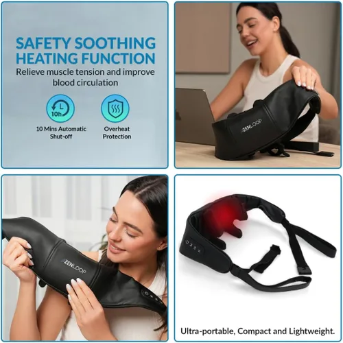 Vista 6 de ZENLOOP Masajeador de cuello y hombros ultra cómodo, terapia avanzada de amasado 4D con calor relajante, recargable USB-C, diseño ajustable, uso
