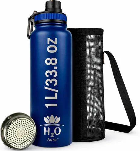 Vista 9 de Botella de agua prémium de 1 litro (33.8 onzas) con funda de transporte y correa, botella de agua de acero inoxidable aislada al vacío de doble Negro