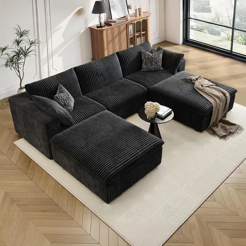 Vista 13 de 118" Cloud Couch Oversized Modular Sectional Sofa, Boneless L-Shaped 6 Seater Deep Seat Couch with Ottoman, Soft Corduroy Upholstery, DIY Negro