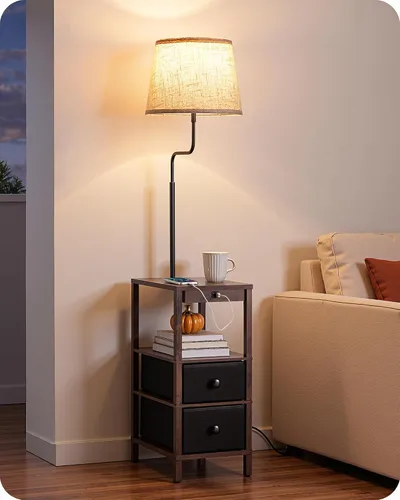 Vista 9 de EDISHINE Lámpara de pie con mesa regulable USB-A+puerto tipo C, nogal Madera de nogal