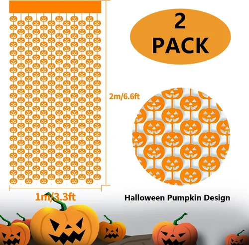 Vista 2 de Paquete de 2 cortinas de flecos metálicos de Halloween de 3.2 x 6.6 pies, cortinas de oropel en forma de calabaza naranja, accesorios para fotos