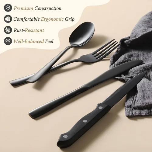 Vista 3 de Hiware Juego de cubiertos negros de 48 piezas para cubiertos de acero inoxidable 18/10 con tenedores, cuchillos, cucharas, cuchillos para carne