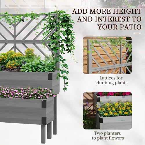 Vista 3 de Outsunny Cama de jardín elevada de 2 niveles con enrejado, maceta elevada de madera con agujeros de drenaje, forros, esquinas de metal, maceta