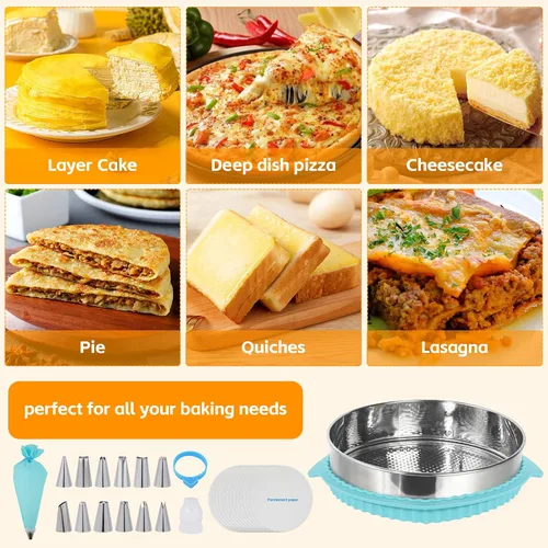 Vista 9 de Molde desmontable de 10 pulgadas para hornear, molde de acero inoxidable 304 para tartas de queso con parte inferior extraíble, incluye 12 boquillas