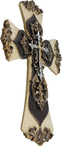 Vista 2 de Old River - Cruz decorativa de pared toscana en capas Scrolly Fleur De Lis