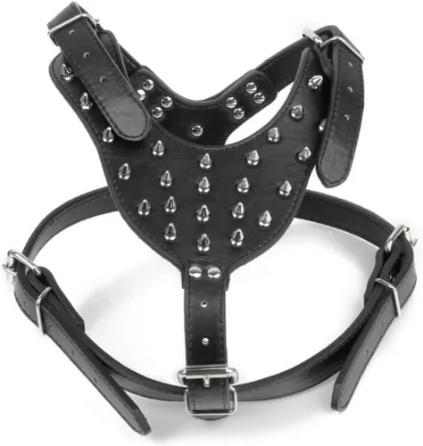 Vista 7 de Arnés de perro de poliuretano con tachuelas para razas Terrier resistente, cuello negro, pecho transpirable, forro suave de metal