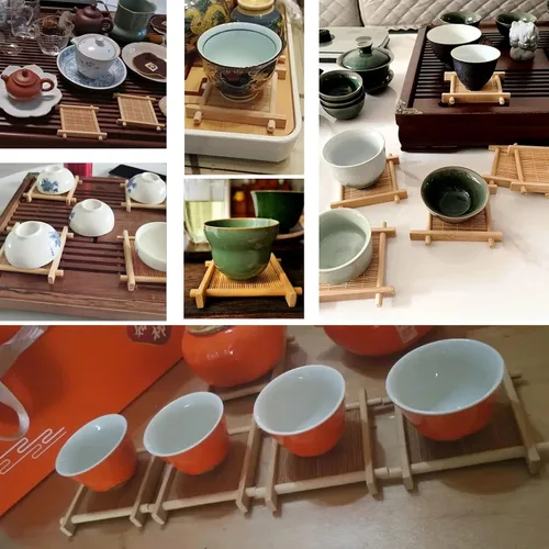 Vista 6 de Juego de té Gongfu, 6 posavasos de bambú para tazas de té de vidrio, posavasos de madera para tazas de té de vidrio pequeñas, tazas de té