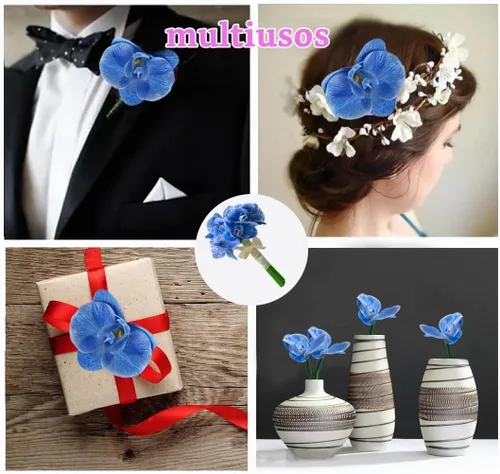 Vista 6 de 20 piezas de orquídeas artificiales azules para centros de mesa de velas flotantes, cabeza y tallo de flores sintéticas, ramo de manualidades