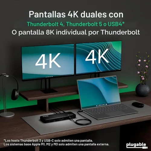 Vista 3 de Plugable Base de Conexión Thunderbolt 4 con Carga de 100W, Certificado Thunderbolt, Estación de Acoplamiento para Laptop con Monitor Dual Único 8K