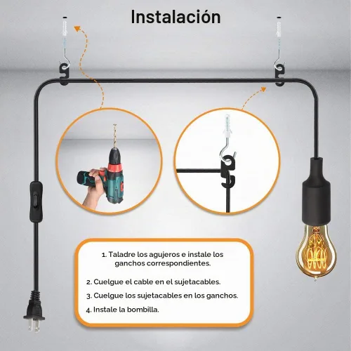 Vista 5 de Cable de luz colgante de 15 pies con enchufe, cable de enchufe