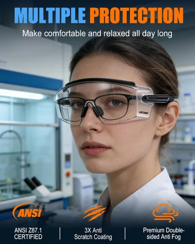 Vista 5 de Gafas de seguridad sobre anteojos, gafas de seguridad con certificación ANSI Z87.1 con lente envolvente transparente antivaho y antiarañazos