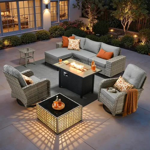 Vista 14 de HOOOWOOO Juego de muebles de patio de 5 piezas, sofá modular en forma de L para exteriores con mesa solar, mimbre PE para todo tipo de clima, sofá