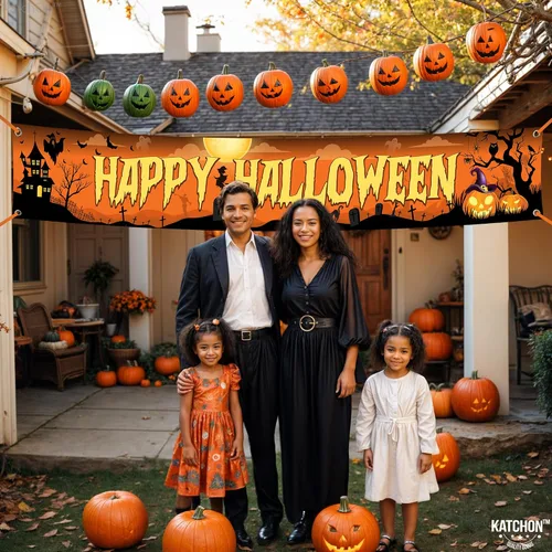 Vista 6 de Katchon - Pancartas de feliz Halloween para exteriores, 120 x 20 pulgadas Naranja
