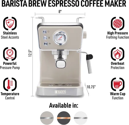 Vista 8 de HADEN Barista Brew - Cafetera de café expreso, de acero inoxidable con espumador de leche y vaporizador y tanque de agua de 1.5 L, masilla y cobre